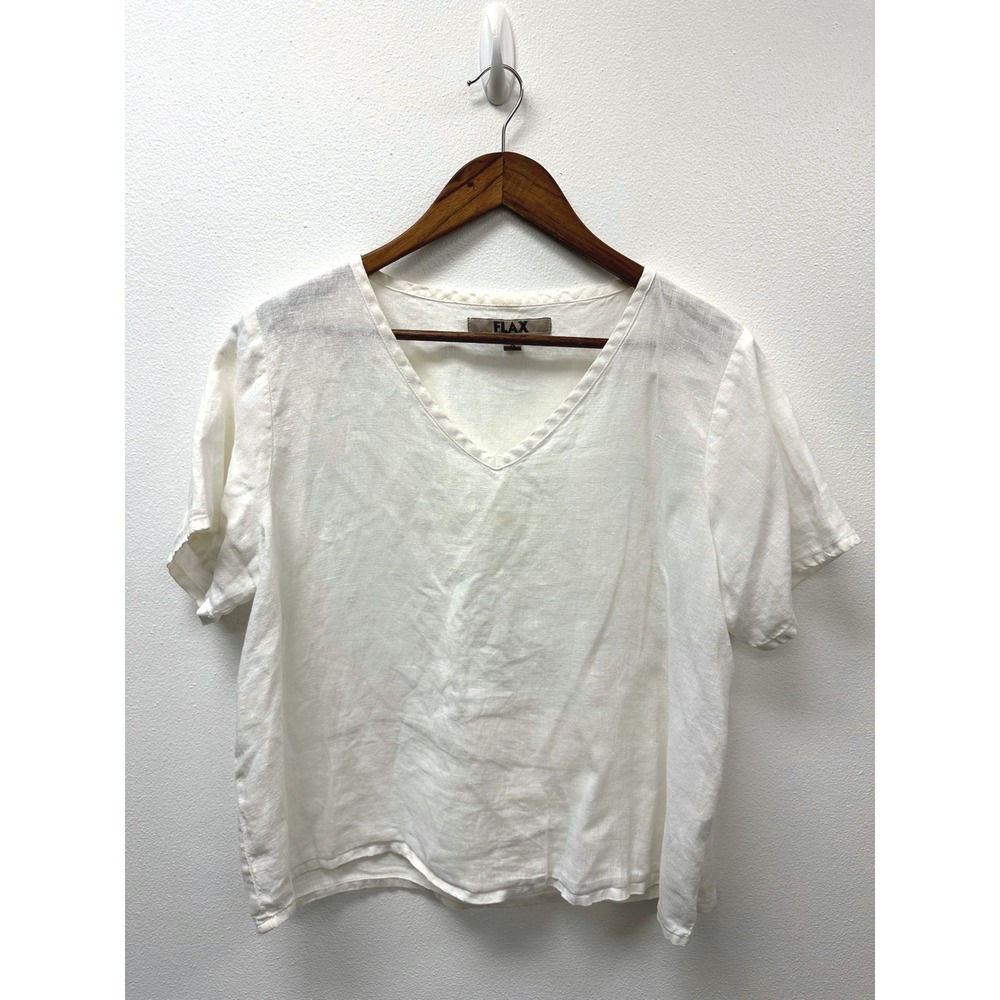 FLAX V-Neck Short Sleeve Linen Blouse White S